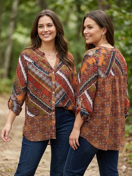 Westport Tops - Westport Rust Multi-Pattern Button Front Blouse Boho
